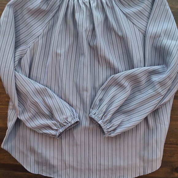 Pookie & Sebastian Blue Stripe Peasant Blouse Long Sleeve Tie Neck Elastic Cuffs - Picture 5 of 10